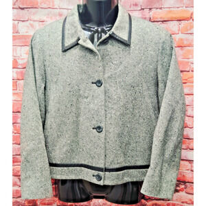 Pendleton Blazer Jacket Women's 14 Gray Leather Trim Long Sleeve Button Front
